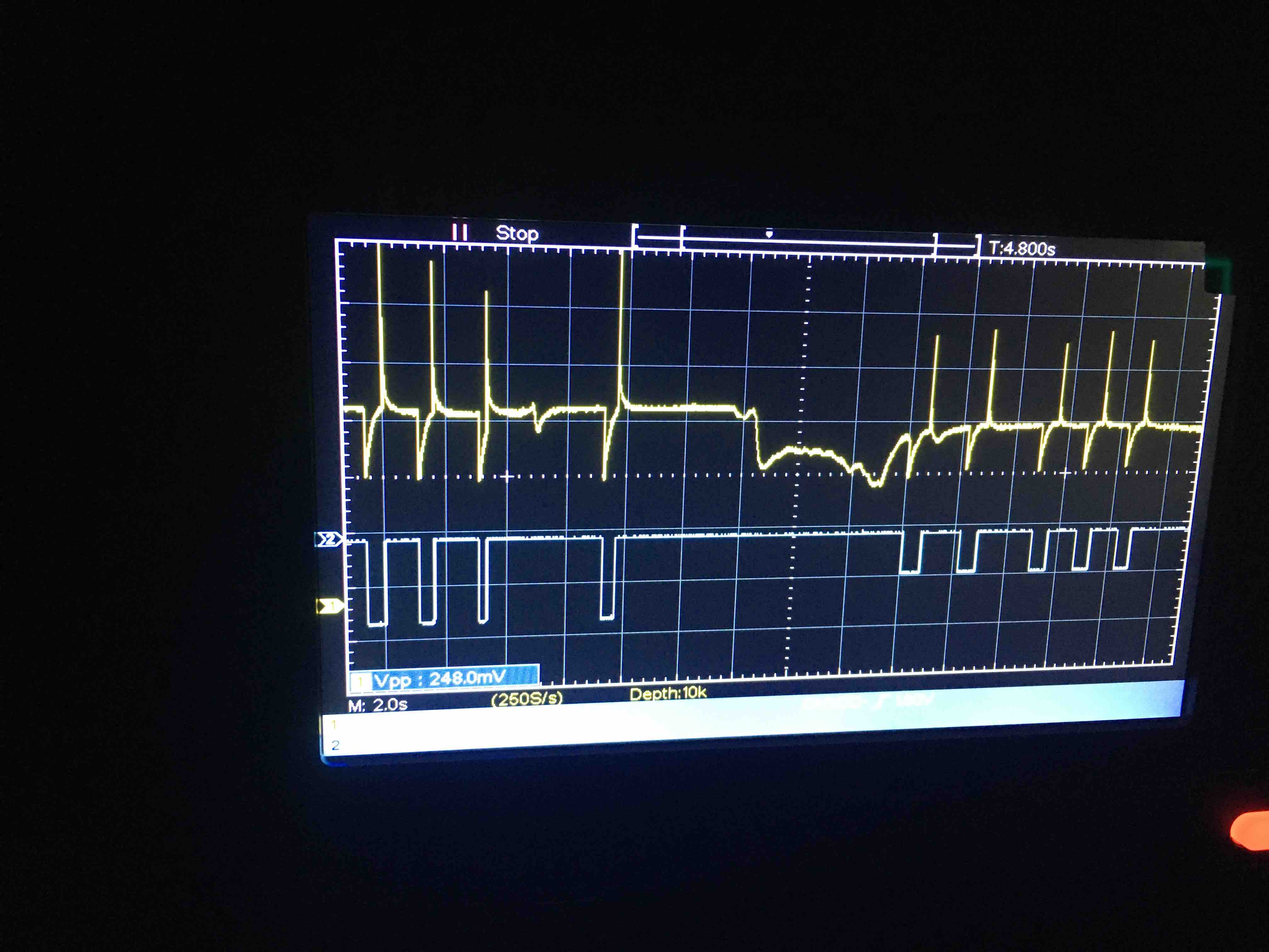 Oscilloscope readings from the circuit using a negative gate voltage. There is a positive response on the rising and a negative response on falling edges, but it converges back to the initial state. By using different gate voltages, we get different responses
