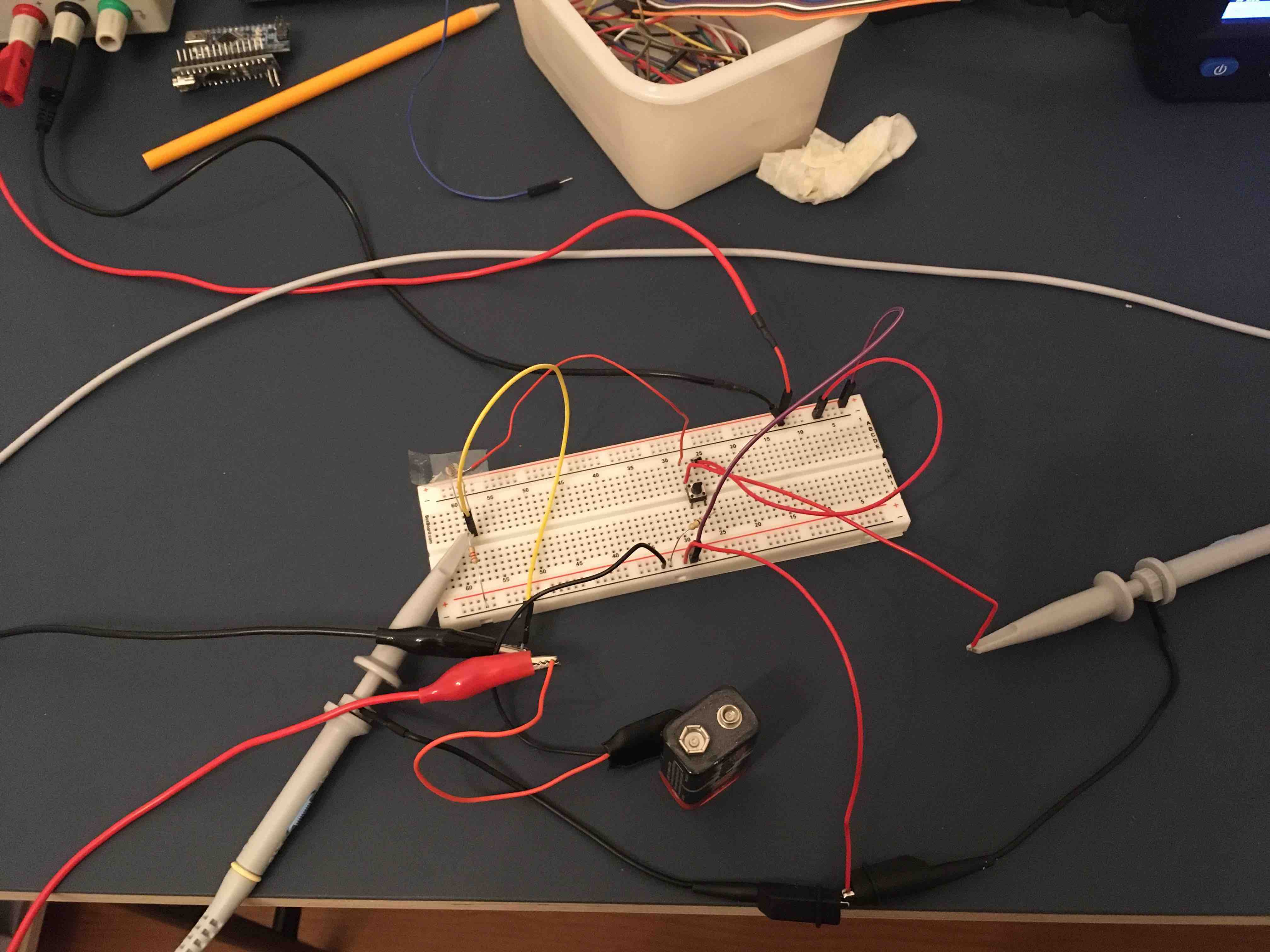 The chaotic breadboard setup used to test