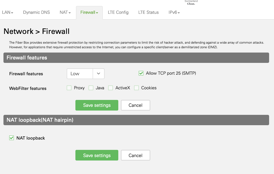 salt fiber box firewall settings allow smtp on port 25 (expert mode->network->firewall->firewall->Allow TCP port 25 (SMTP))