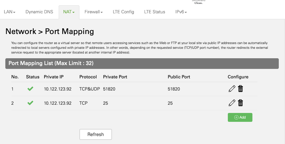 salt fiber box nat setting for smtp (expert mode->network->NAT->Port Mapping