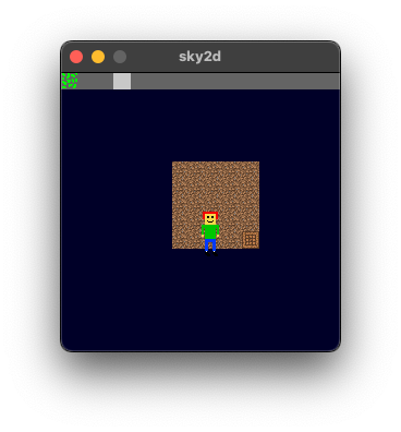 The games as seen when launching a new game. A dirt island, a player with some seeds and a crafting table